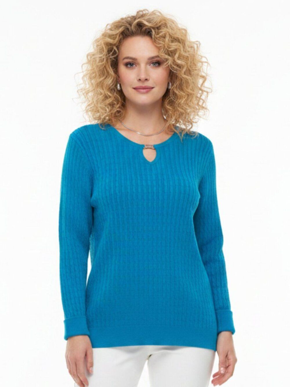 Karen Scott Teal‎ Blue Cable Knit Long Sleeve Sweater L